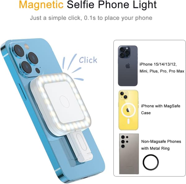 Magnetisk LED Selfie Lys til iPhone, Lommeformat Telefon Udfyldningslys med 6 Lysindstillinger (Sort)