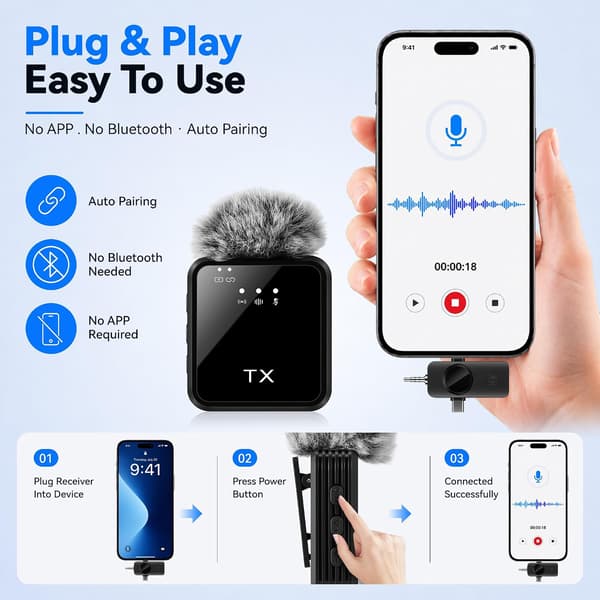 3-i-1 trådløs lavaliermikrofon til iPhone/Android/kamera, støjreduktion 1 To 1
