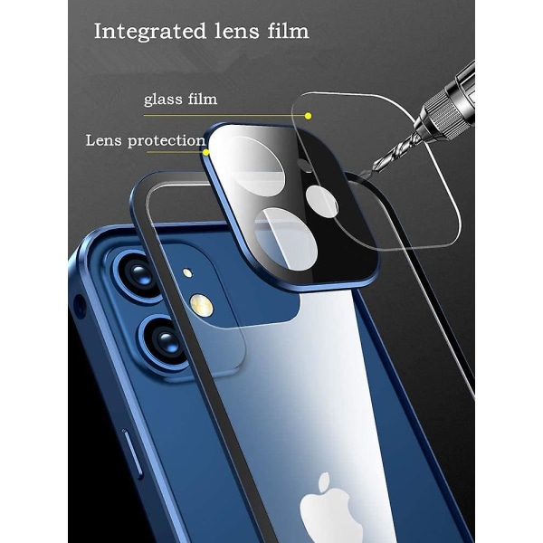 Piao Anti-peeping-fodral med stark magnetisk adsorption Kameralinsskydd Metallram 360 Helkroppsskydd Dubbelsidigt glas iPhone12Pro Blue