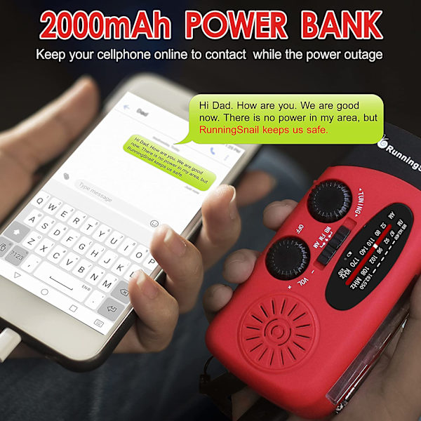 Emergency Solar Hand Crank Am/fm Weather Radio Led Lommelykt Lader Red