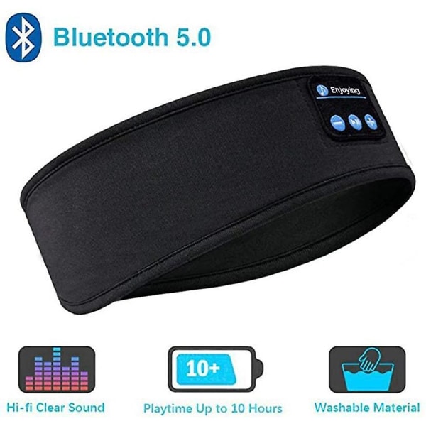 Bluetooth-søvnhodetelefoner Sportshodebånd Tynn Myk Elastisk Komfortabel trådløs musikkhodetelefoner Sidesovende øyemasker Black