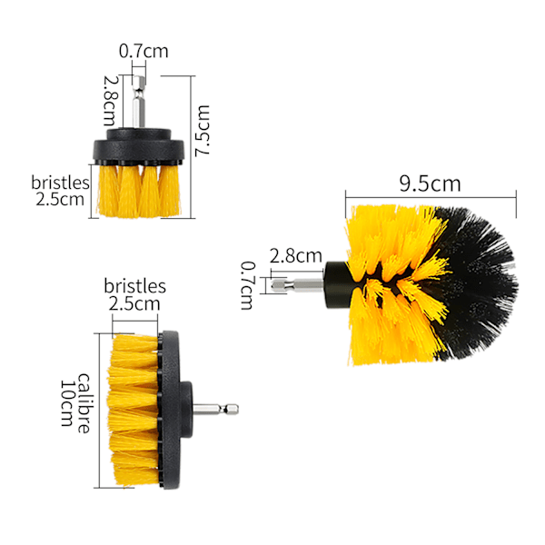 Elektrisk plastikrensebørste nylonbørste 3-pak, 2'/3,5'/4' (gul)