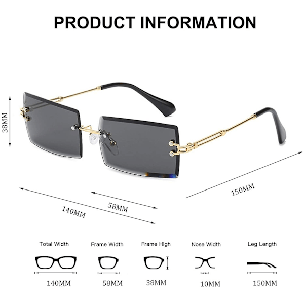 Båglösa rektangulära solglasögon kompatibla med kvinnor/män Ultralätt metallbåge Glasögon Mode fyrkantiga Uv400 glasögon unisex Grey