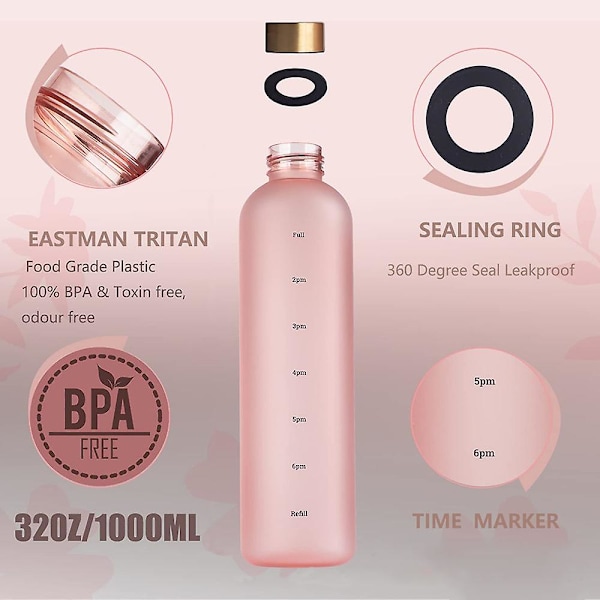 1l vattenflaska med markör Återanvändbar Fitness Utomhus Resor Läcksäker Pink-Silver