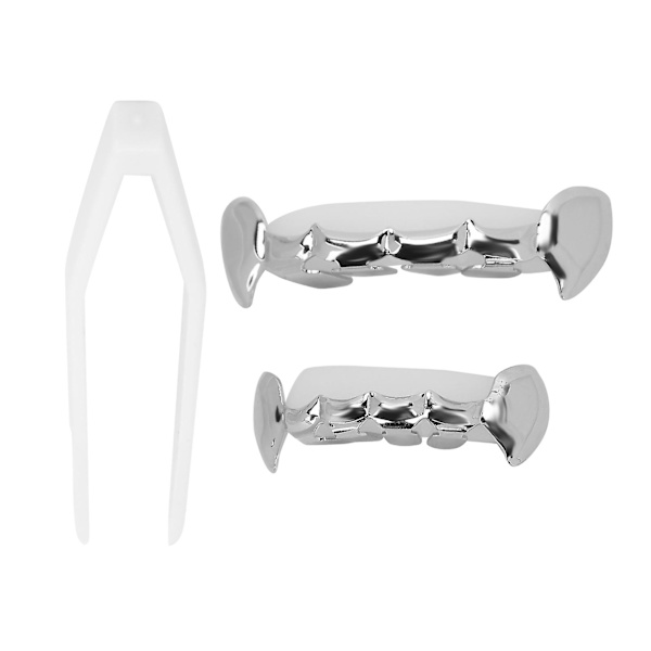 Hip Hop Falske Tenner Sett Gjenbrukbar Ufading Kobber Halloween Festival Tenner Dekorasjon Brace Silver