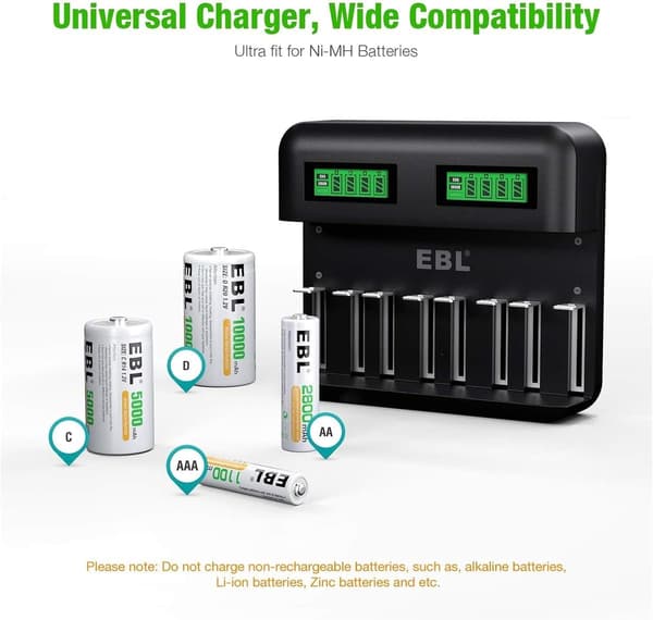 Batterioplader til 8 pladser, med LED-lys, USB hurtigopladning til AA AAA-batterier