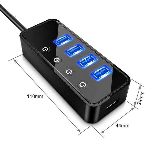 4 USB 3.0 -porttia Keskitin 1 latausportilla, yksi kytkin päälle/pois