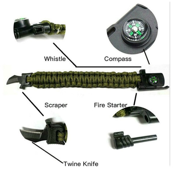 Paracord-ranneke - Paracord-terä - Pilli - Kompassi (armeijanvihreä naamiointi)
