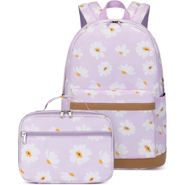Daisy-trykk for jenteboksekk, barneskolebagg, barneskoleelevers dagsekk med lunsjpose, lilla, 2 deler