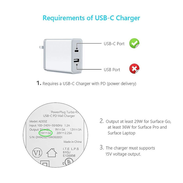Nylonflätad USB-C-laddningskabel för Surface Pro 6/5/4/3 Surface Laptop 1,5 M 45W 15V PD-strömförsörjningskabel