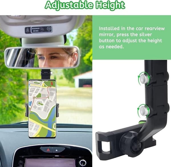 360° Roterbar Telefonholder, Universal Justerbar Til Bil Bakspejl (Grå)