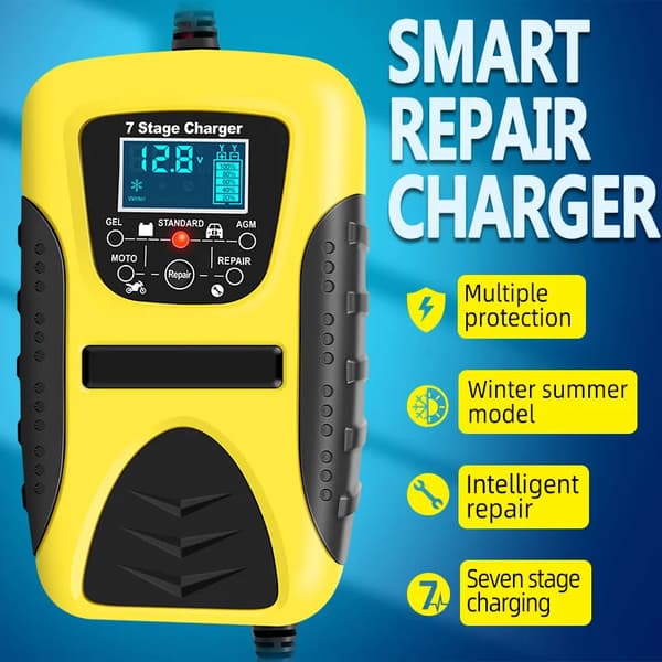 Batterilader 12V 7A Helautomatisk Batteriladermaskin LCD-skjerm Red