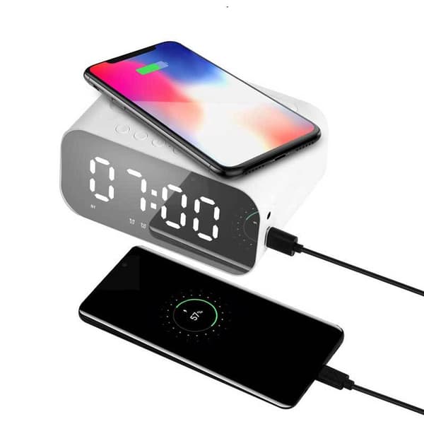 Coluna Bluetooth Bt510, LED digital väckarklocka telefon trådlös laddare (vit)