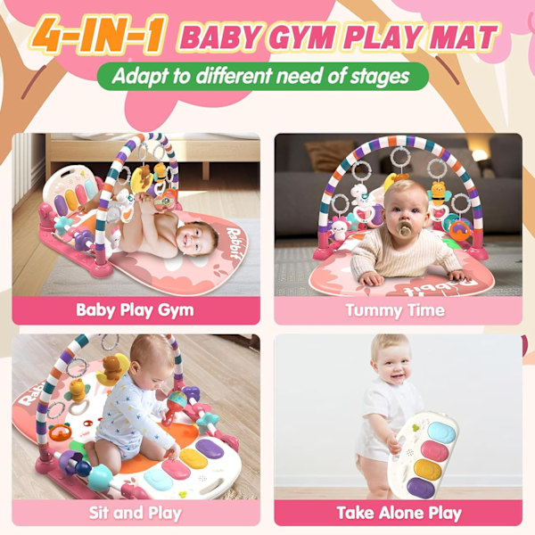 Baby Lekematte for Magetrening, med 5 Leker og Lekepiano Gymmatte med Musikk for Sensorisk og Motorisk Utvikling, Rosa