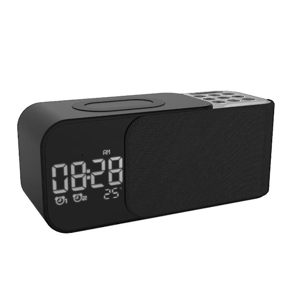 Digitaalinen stereofoninen FM-radioherätyskello Yövalo Bluetooth-kaiutin 10 W Langaton laturi - Musta