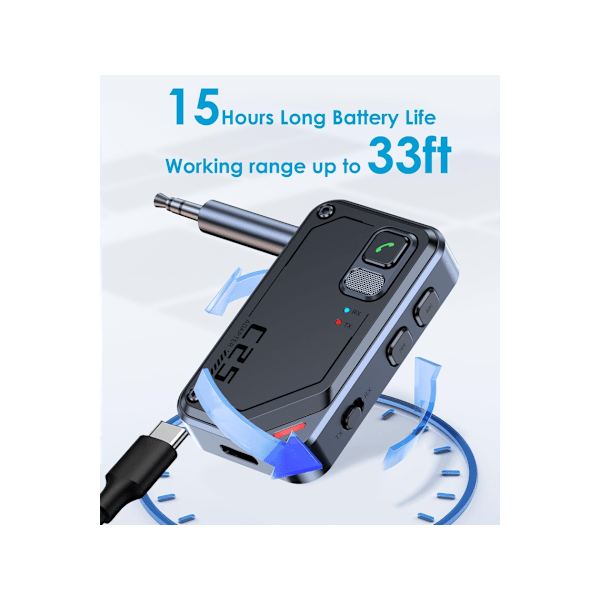 Bluetooth Aux Adapter til Bil, Bluetooth Transmitter Receiver, Bluetooth Transmitter til TV/Fly/Hovedtelefoner, Bluetooth Receiver