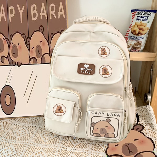 Capybara Ryggsäck För Skola, Söt Preppy Estetisk Ryggsäck Med Kawaii Nål Och Tillbehör För Flickor Vit