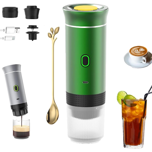 Bærbar kaffemaskin, 3-i-1 kapselkaffemaskin, selvoppvarming/kaldbrygg (grønn)