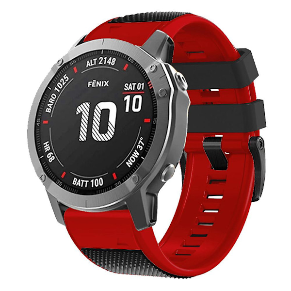 Diamantteksturert klokkebånd for Garmin Tactix 7 Pro / Fenix 7X / 6X Pro / 5X Plus, 26mm tofarget silikon sportsrem Black Red