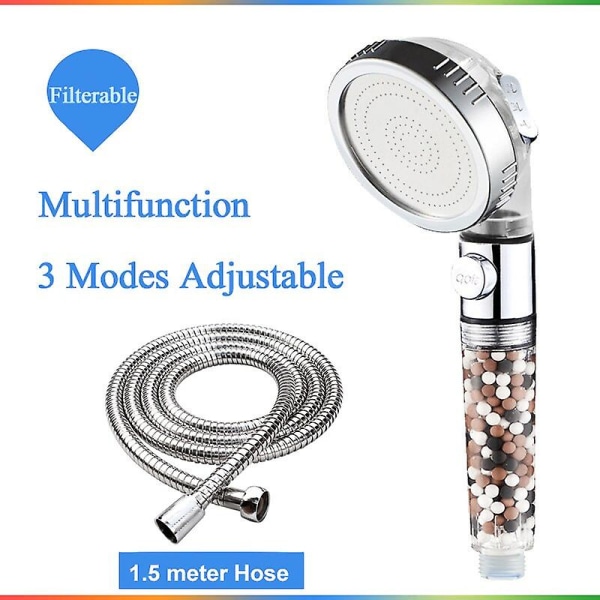 badrum 3-funktions spa-duschhuvud med strömbrytare stoppknapp högtrycksanjonfilter badhuvud vattensparande dusch Clear-hose