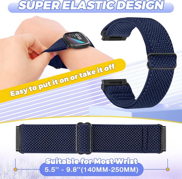 Elastisk klokkereim for Fitbit Versa 4/Versa 3 - Justerbar nylon (2-pakning)