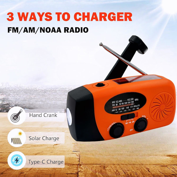 AM/FM/NOAA Vær Radio med Håndsveiv for Nødsituasjoner 2000mAh