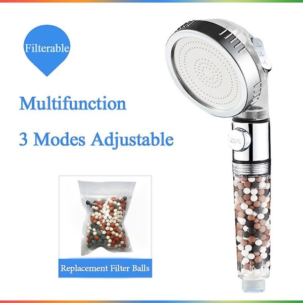 bad 3-funksjons spa dusjhode med bryter stoppknapp høytrykks anion filter badekar hode vannsparende dusj Clear with beads
