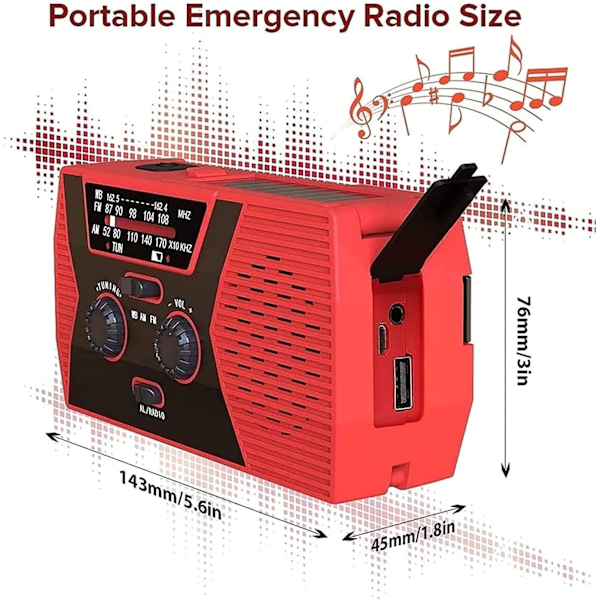 Am/Fm/Noaa Solardriven Radio Med Handvev, Med Sos-Larm, 2000Mah (Röd)