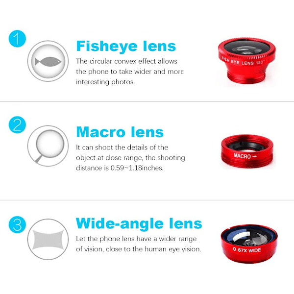 3-i-1 Mobilkameraobjektivkit - Vidvinkel, Makro och Fisheye - För Smartphones iPhone Android Röd