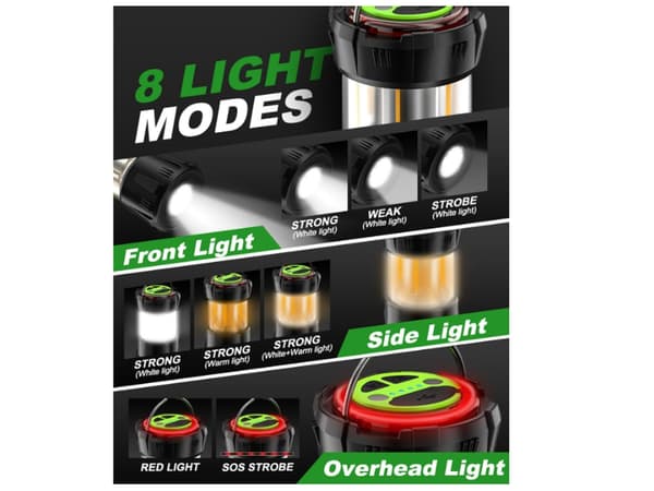 Oppladbar Campinglykt Ip67 Vanntett 8 Lysmoduser Campinglykt Led Lys Campinglykt 2000Mah Svart