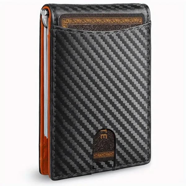 Rfid Blokerende Bifold Tegnebog, Slank Kortclips (Kulfibertekstur Sort Orange)