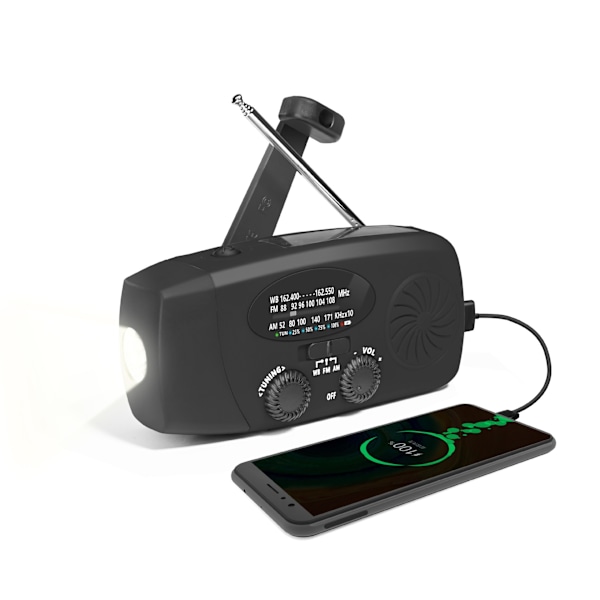 Aurinkokäyttöinen käsikampi-radio 6000Mah Led-taskulampulla, Am Fm Noaa -sääradio (musta)