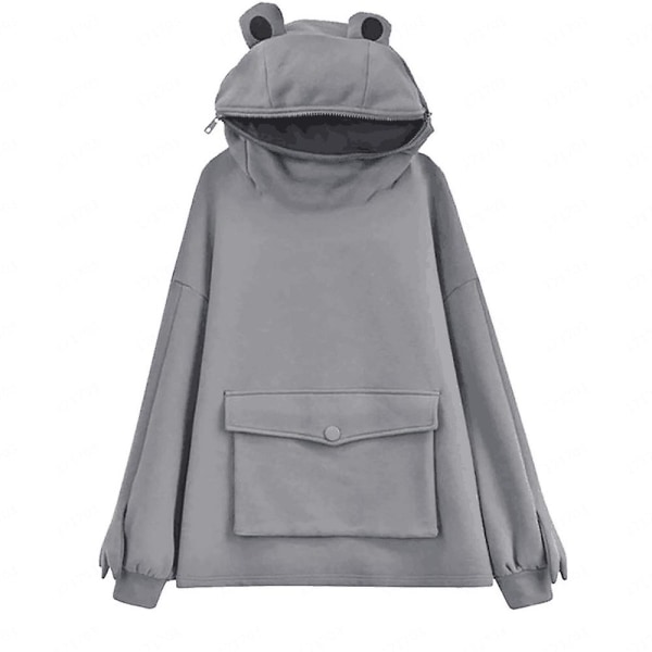 Pullover Dame Piger Sweatshirt Sød Frø Hættetrøje Lynlås Mund Afslappet Løs Tunika Sød Cosplay kostume toppe med lommer Gray XL