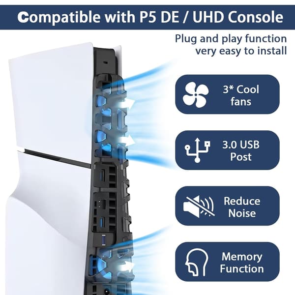 Kjølevifte - Med LED-lys for PS5 Slim Disc og Digital Editions (Svart)