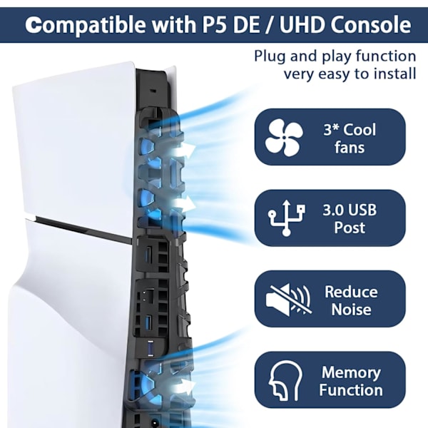 Køleventilator - Med LED-lys til PS5 Slim Disc og Digital Editions (Sort)