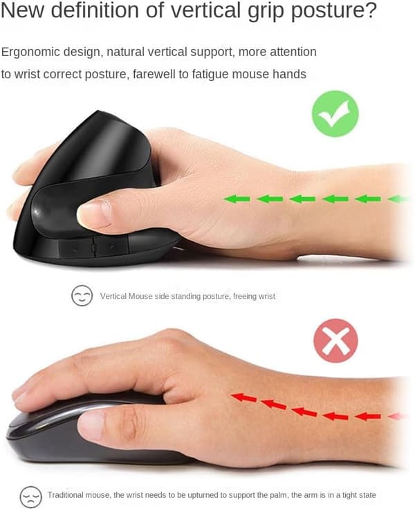 Ergonomisk Vertikal Mus, 5 Knapper Optisk Mus 2.4Ghz Med Usb-Mottaker (Grå)
