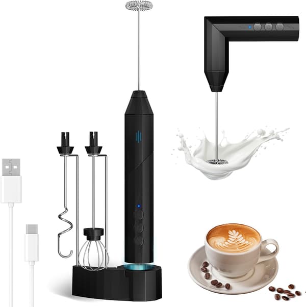 Melkeskummer - 3 hastigheter, 3 hoder i rustfritt stål, 2 grepsmetoder og USB-C ladestativ (svart)