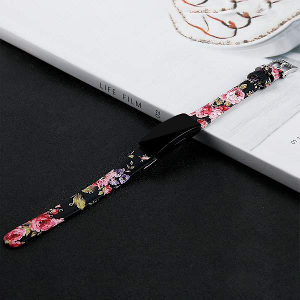 Fitbit Inspire / Inspire HR -älykellolle tarkoitettu rannehihna, ylin nahkakerros, koko L - 6,7-8,1 tuumaa Black Pink Flower