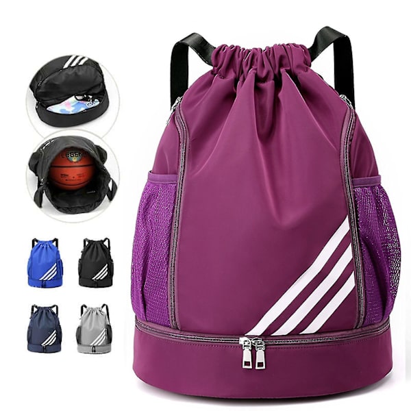 Vanntett snorstropp ryggsekk sportsbag med skoskuff, vanntett snorstrekk ryggsekk for menn og kvinner Purple