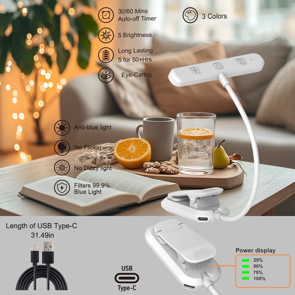 LED leselys - med 25 LED, fleksibel svanehals klipslys (hvit)