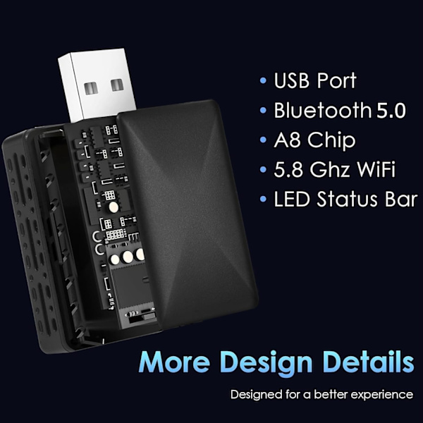 Trådløs adapter til CarPlay og Android Auto, Plug and Play, USB C/USB A, kompatibel med iOS 10/Android 11