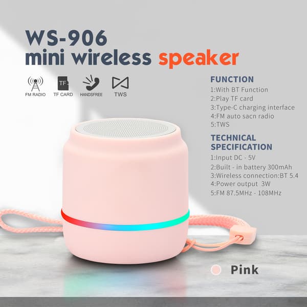 Coluna Bluetooth Ws-906 Stereo Väri Vilkkuva Subwoofer (Pinkki)