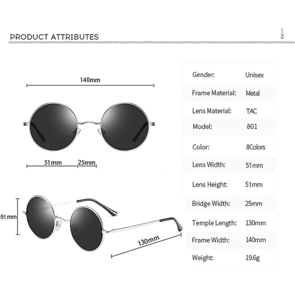 Vintage Pyöreä John Lennon Polarisoidut aurinkolasit Miesten Naisten Circle Hippie Aurinkolasit Black Lens-silver Frame