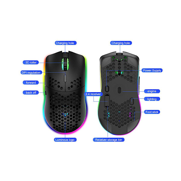 Trådløs 65g RGB Lett Gamingmus, 7 Programmerbare Knapper