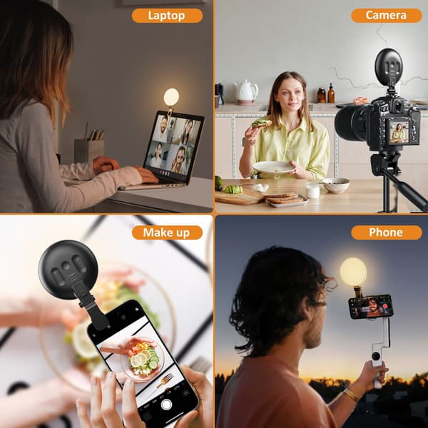 60 LED genopladelig selfie med front- og bagklips, 2500-6500K justerbar 3 tilstande Cri97+ (sort)