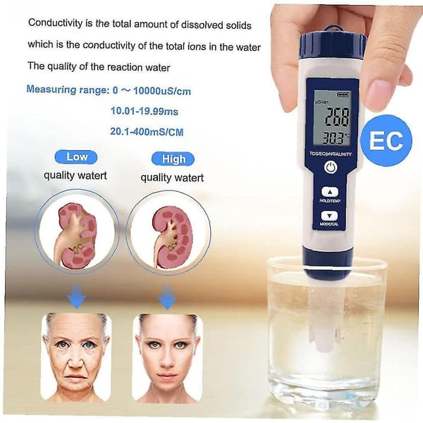 5 i 1 Digital Måler, TDS / EC / pH / Salinitet / Temperatur Vandkvalitetsmåler