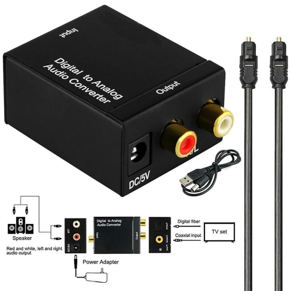 Digital optisk koaksial Toslink til Analog Rca Audio Converter Adapter