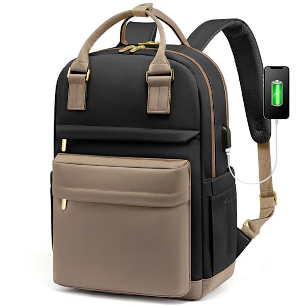 Laptop Rygsæk Til Kvinder 15 Tommer, Med USB Port, Vandafvisende Rejserygsæk Sort Og Khaki