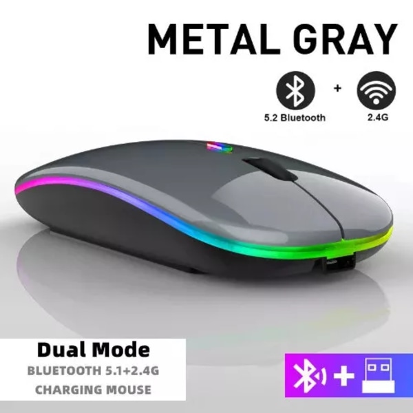 Ladattava Bluetooth langaton hiiri 2.4GHz USB RGB 1600DPI hiiri (Metallinharmaa)