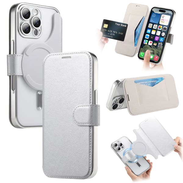 Etui til iPhone 16 Plus, med Magsafe avtakbar magnetisk flipp (sølv)